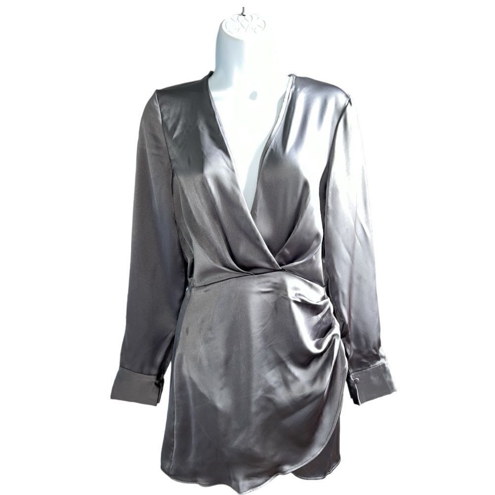 ZARA Charcoal Gray Satin V-Neck Longs Sleeve Wrap Mini Dress In Size XS